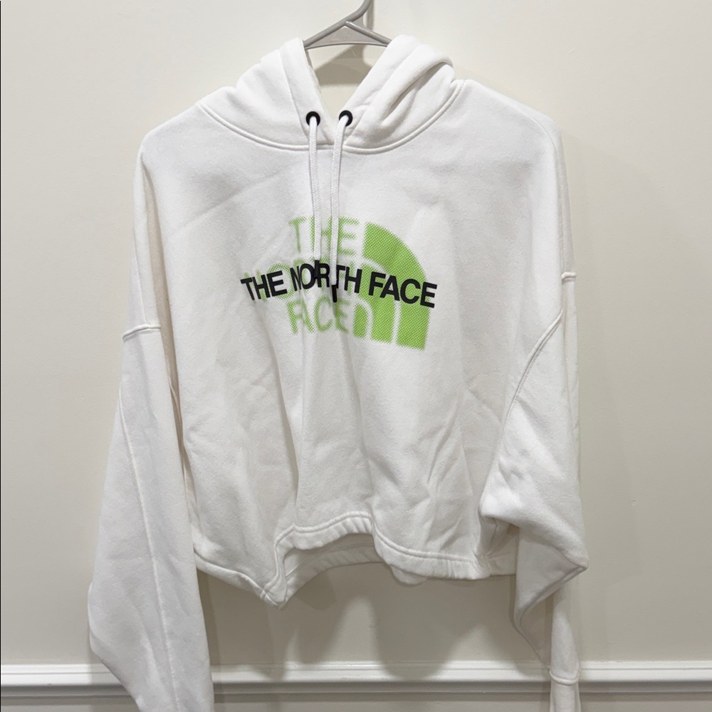 The North Face White Crop Hoodie with Neon Green Logo